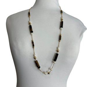 Ann Taylor Necklace Beaded Gold Tone Faux Tigers Eye Faux Pearl 33"